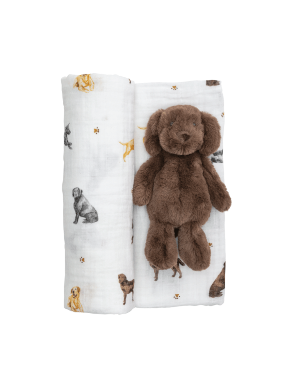 yellow and chocolate lab dog swaddle & rattle