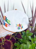 White trucker hat with colorful embroidered “Love Like Jesus” lettering, spotted tan brim, John 13:34 side embroidery, and colorful faith-inspired embroidered icons on the back.
