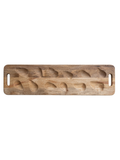 Mango wood oyster serving board with carved individual wells and built-in handles, designed for serving oysters on the half shell, appetizers, and seafood presentations.