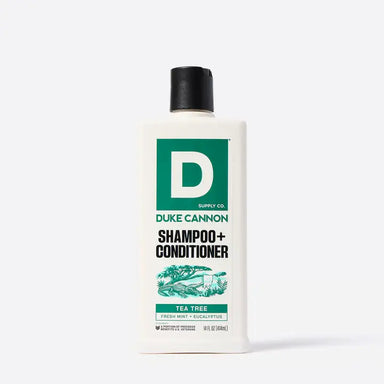 Duke Cannon shampoo and conditioner bottle on a white background