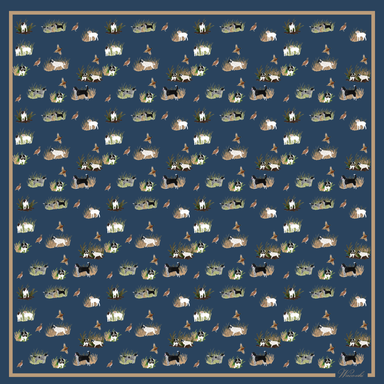 Navy satin neck scarf featuring an illustrated print of bird dogs, game birds, and grassy field scenes