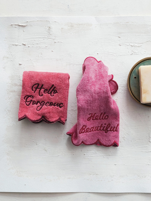 Cotton Terry Wash Cloths with Embroidered Saying & Scalloped Edge, Set of 2