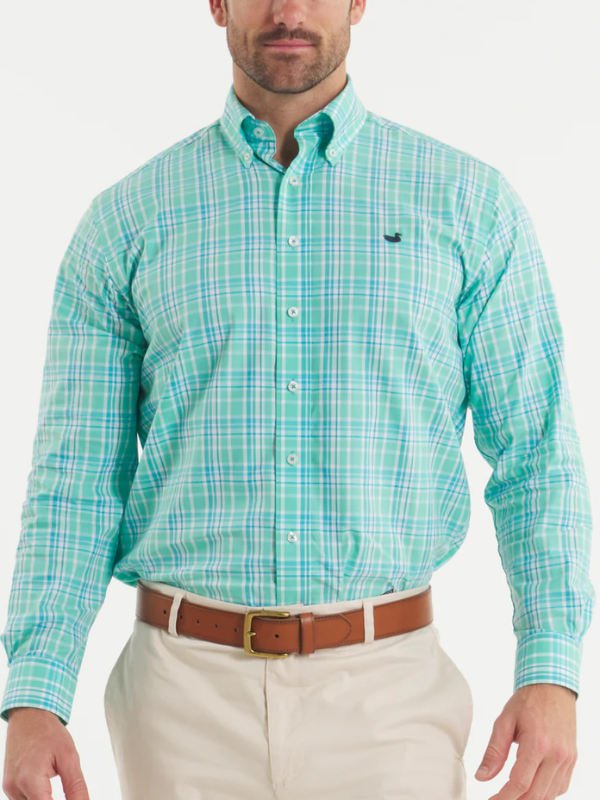 Grainger Performance Plaid Dress Shirt In Teal & Green By Southern Marsh