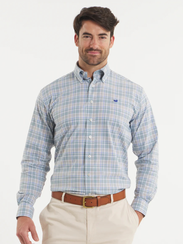 Grainger Performance Plaid Dress Shirt In Sage & Burnt Taupe By Southern Marsh