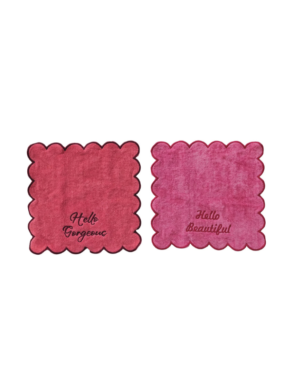 Cotton Terry Wash Cloths with Embroidered Saying & Scalloped Edge, Set of 2