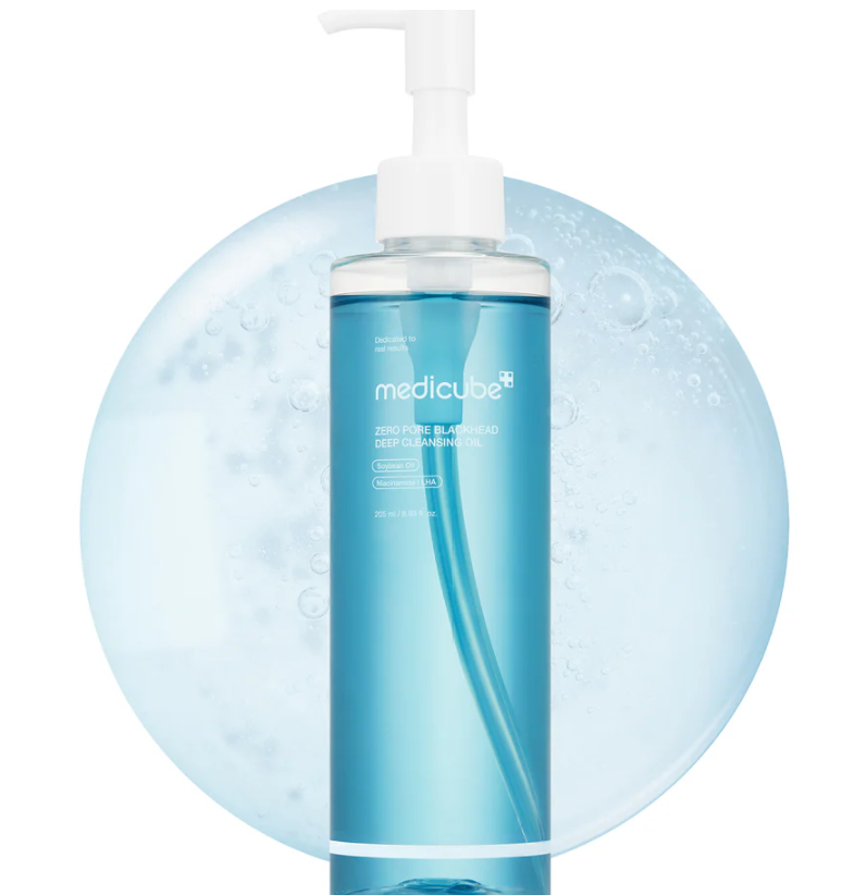 Blue bottle with pump labeled 'medicube' on a white background